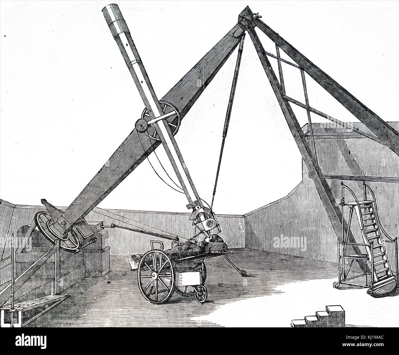 Engraving depicting a refractor with a focal length of 120 inches being used by Henry Lawson. Henry Lawson (1774-1855) an English astronomer. Dated 19th Century Stock Photo