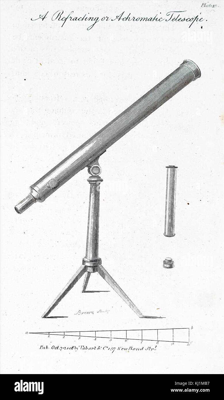 Engraving depicting a small reflecting telescope mounted on a tripod