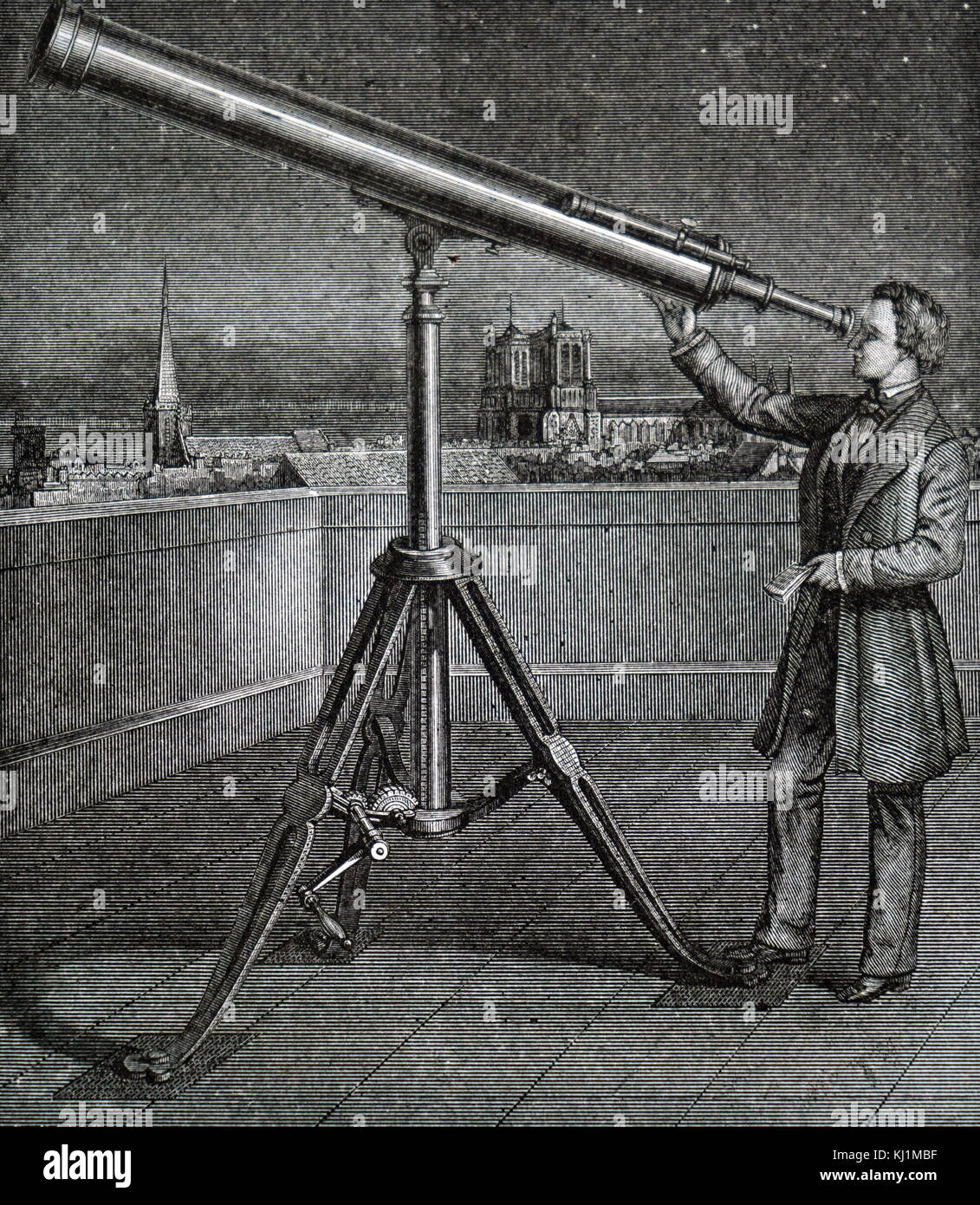 Engraving depicting a refracting telescope on an iron stand and fitted with a finder. The instrument has two double convex lenses and is known as the astronomical telescope. Dated 19th Century Stock Photo