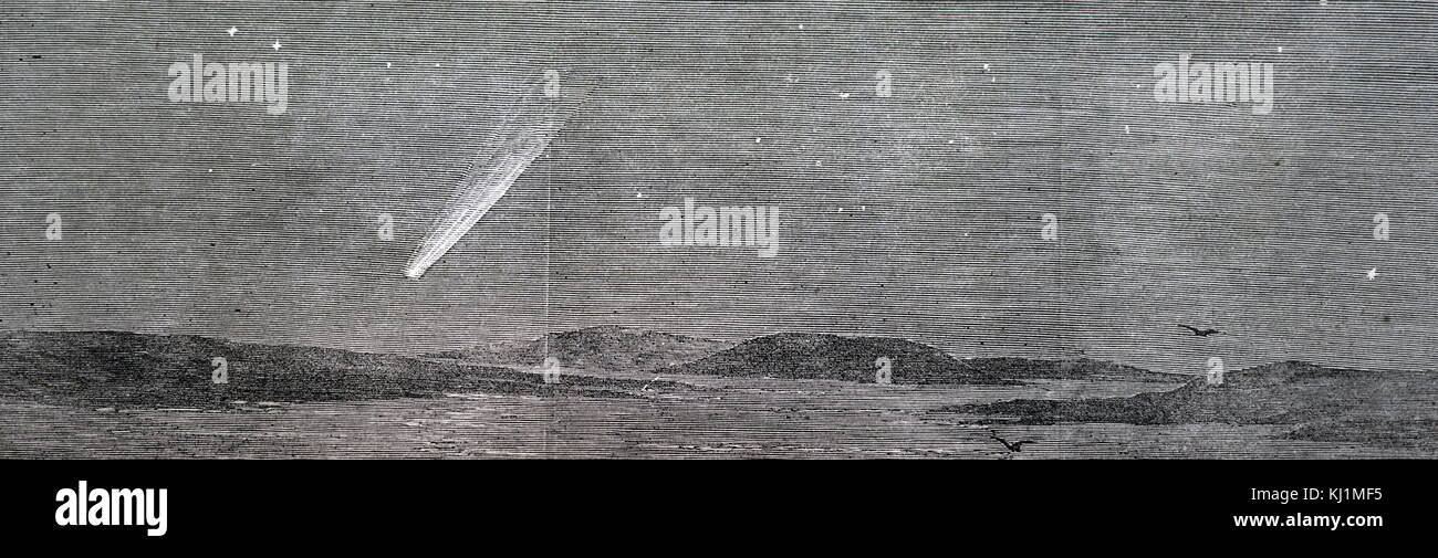 Engraving depicting the Great Comet of 1882 seen from the HMS Orion on Lake Timsah, Egypt. Dated 19th Century Stock Photo