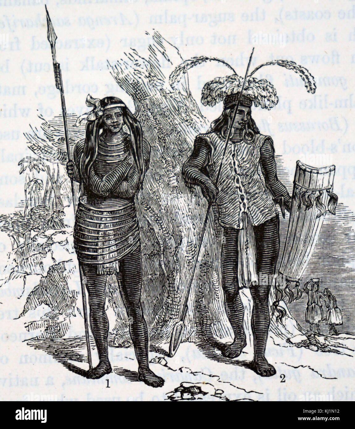 Engraving depicting Dayak males performing daily tasks. A Dayak is a member of a group of indigenous peoples inhabiting parts of Borneo. Dated 19th Century Stock Photo