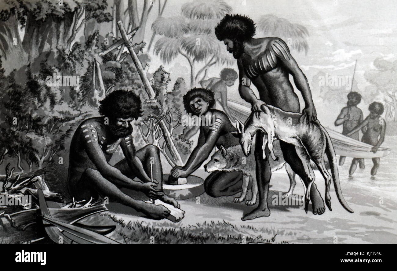Engraving of Australian aborigines preparing a meal beside a river. The man on the left is making fire by rubbing a softwood core with a hardwood stick (the blister method). With them is their hunting dog (possibly a dingo). Dated 19th Century Stock Photo