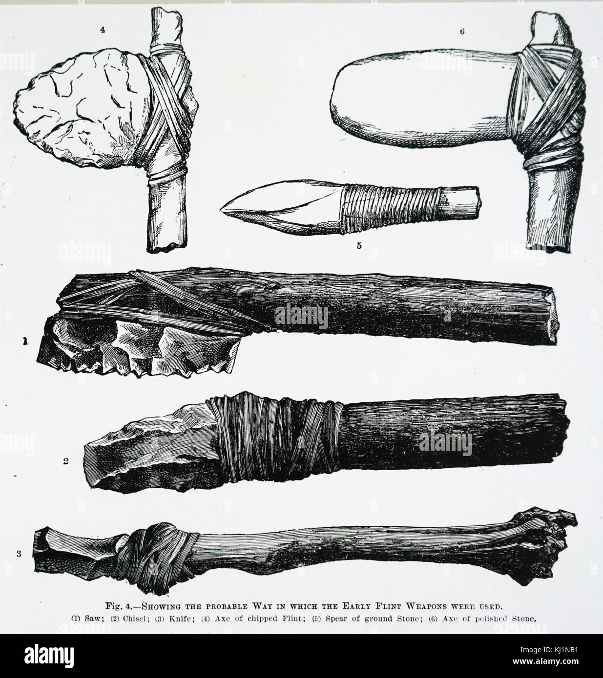 Engraving depicting the reconstruction of the likely method of mounting stone Age implements. Dated 19th Century Stock Photo