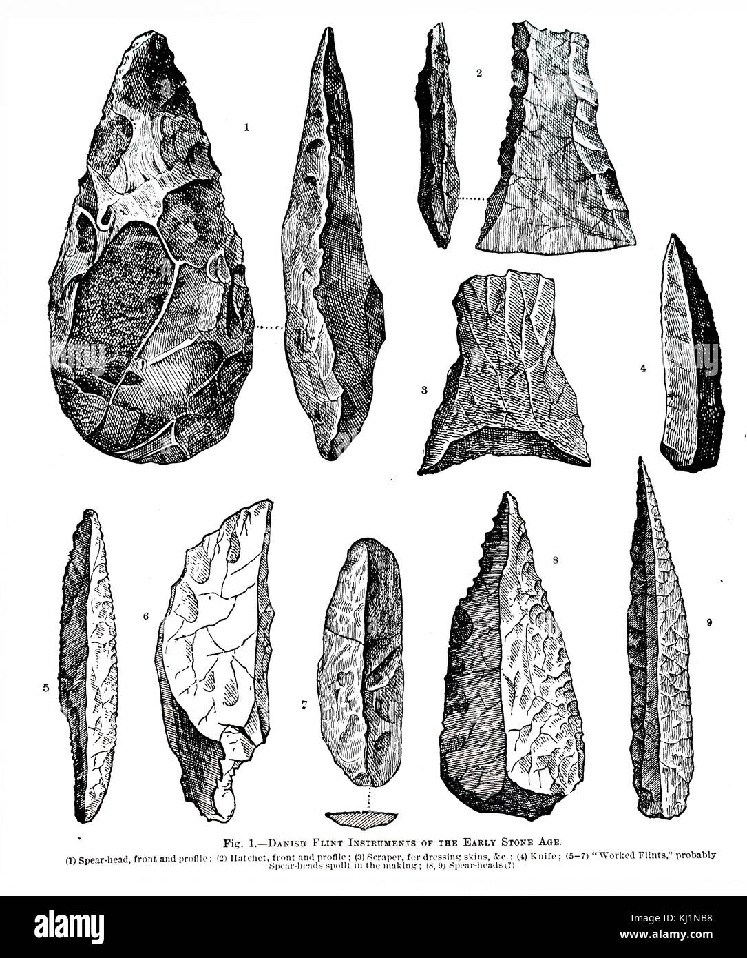 Engraving depicting Stone Age flint and horn implements. Dated 19th Century Stock Photo