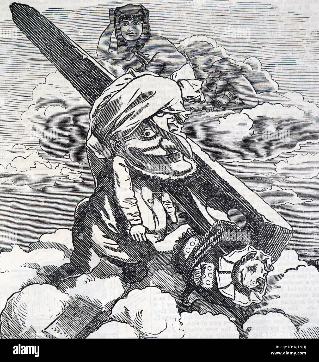 Cartoon depicting the departure of Cleopatra's Needle from Egypt to be given to the British Government by Muhammad Ali of Egypt. Muhammad Ali of Egypt (1769-1849) a commander in the Ottoman army, who rose to the rank of Pasha, and became W?li, and self-declared Khedive of Egypt and Sudan. Dated 19th Century Stock Photo