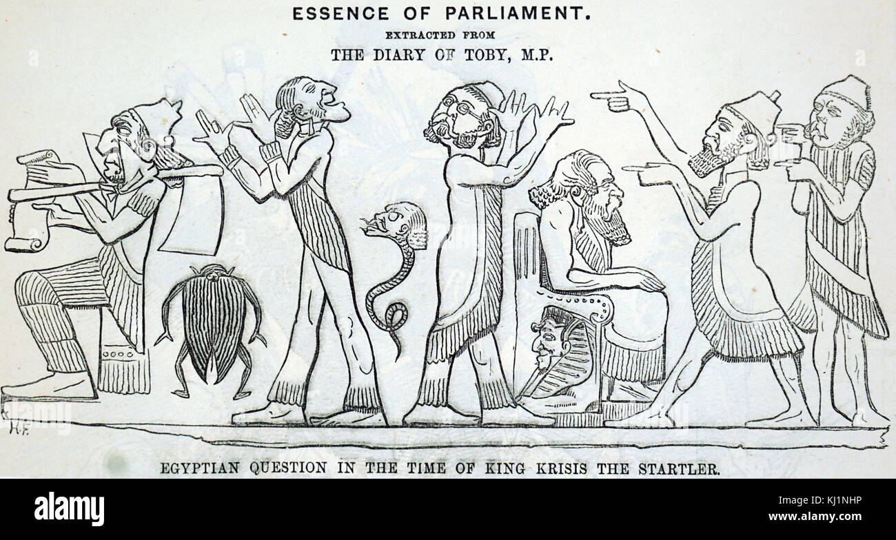 1882 cartoon depicting an archaeological look at the Egyptian Question. The Anglo-Egyptian War occurred in 1882 between Egyptian and Sudanese forces under Ahmed ‘Urabi and the United Kingdom. It ended a nationalist uprising against the Khedive Tewfik Pasha and vastly expanded British influence over the country, at the expense of the French. Stock Photo