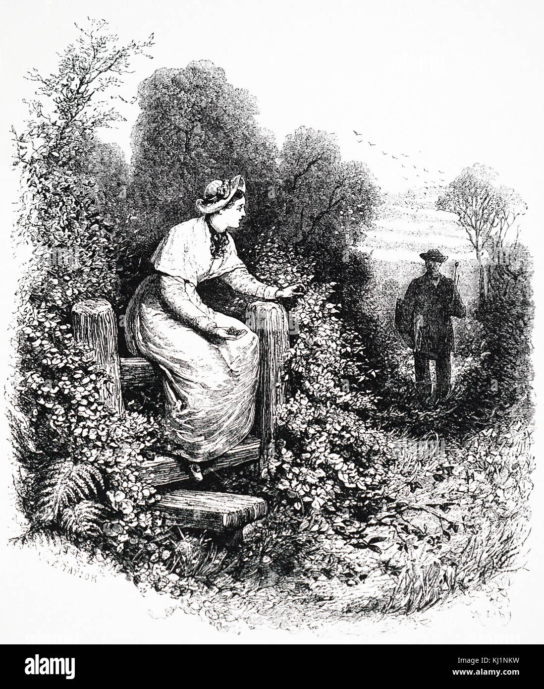 Engraving depicting a girl sitting a stile waiting for her lover who is walking towards her down the lane with hedgerows either side. Dated 19th Century Stock Photo