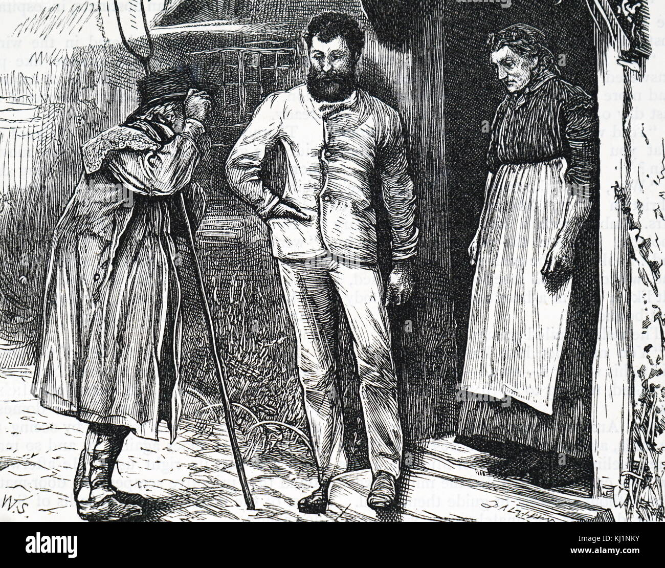 Engraving depicting a farm labourer carrying a pitchfork whilst speaking to some of the townsfolk. Dated 19th Century Stock Photo