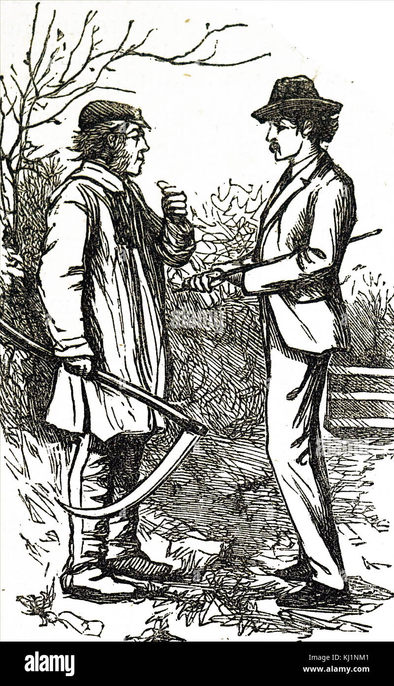 Engraving depicting a farm labourer carrying a scythe whilst speaking to some of the townsfolk. Dated 19th Century Stock Photo