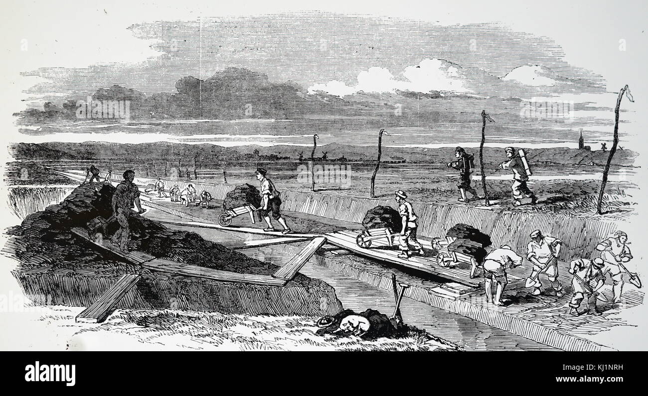 Engraving depicting the cutting a dyke, a an artificial slope or wall to regulate water levels. Dated 19th Century Stock Photo