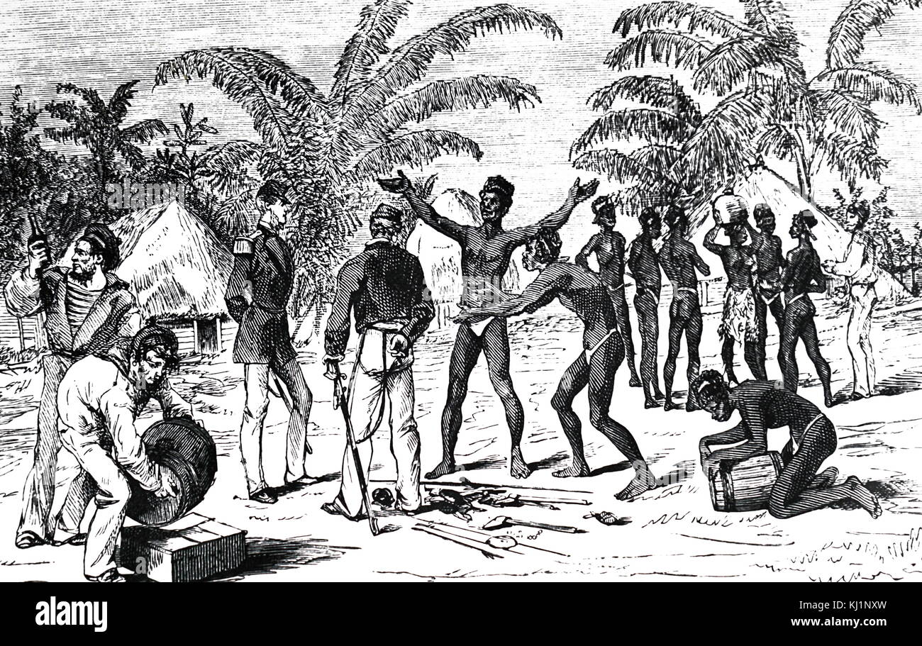 Engraving depicting officers from HMS Challenger bartering with the Natives of the Admiralty Islands. Dated 19th Century Stock Photo