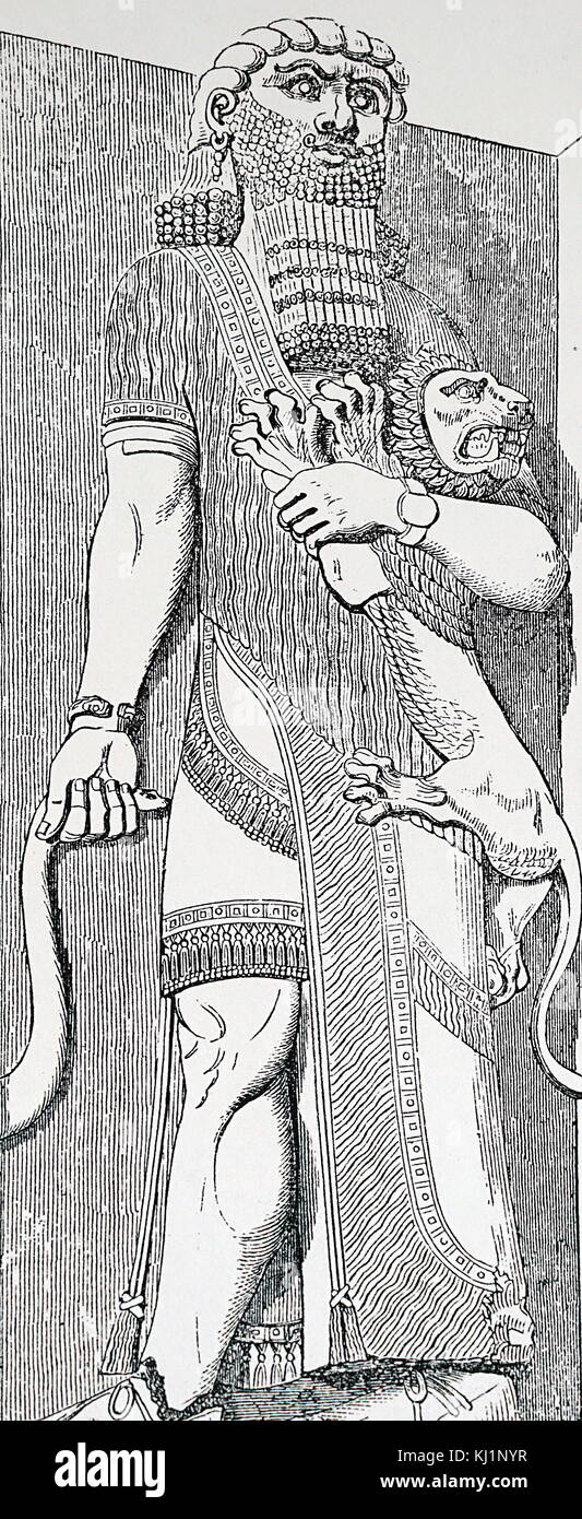 Engraving Of A Bas Relief Depicting The Great Assyrian Hunter Nimrod Dated 19th Century Stock Photo Alamy