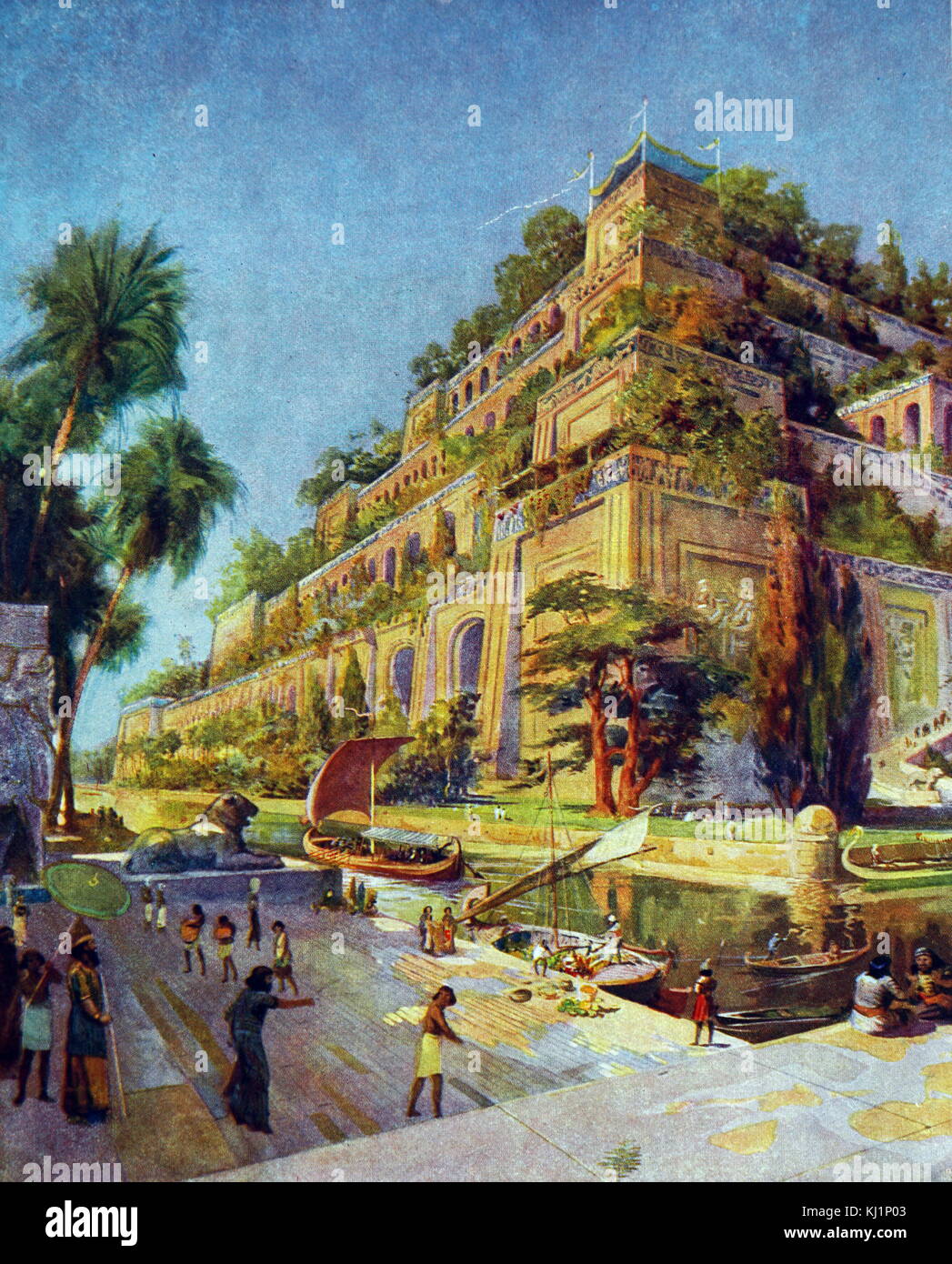 Colour illustration depicting the Hanging Gardens of Babylon, one of
