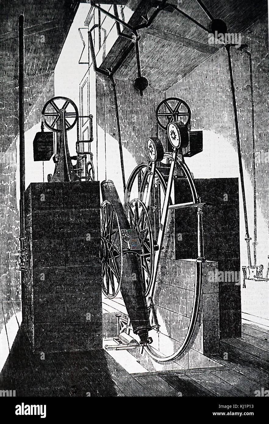 Engraving depicting a transit instrument, used for finding celestial bodies crossing the meridian, within an observatory. Dated 19th Century Stock Photo