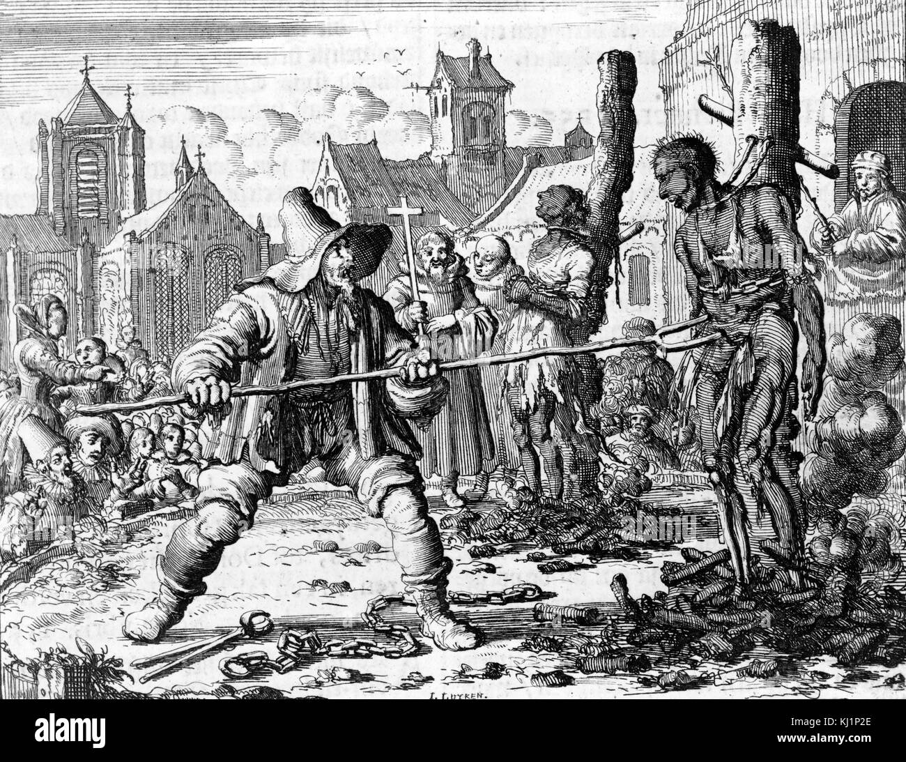 David van der Leyen (or Verleyen), an Anabaptist martyr, was executed with Levina Ghyselius at Ghent, Belgium on 14 February 1554 by burning at the stake. Engraving by Jan Luiken in Martyrs' Mirror, v. 2, p. 161 of Dutch edition. Stock Photo