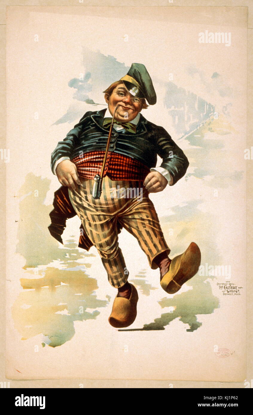 Dutchman dancing in wooden shoes and smoking a pipe. 1890 Stock Photo