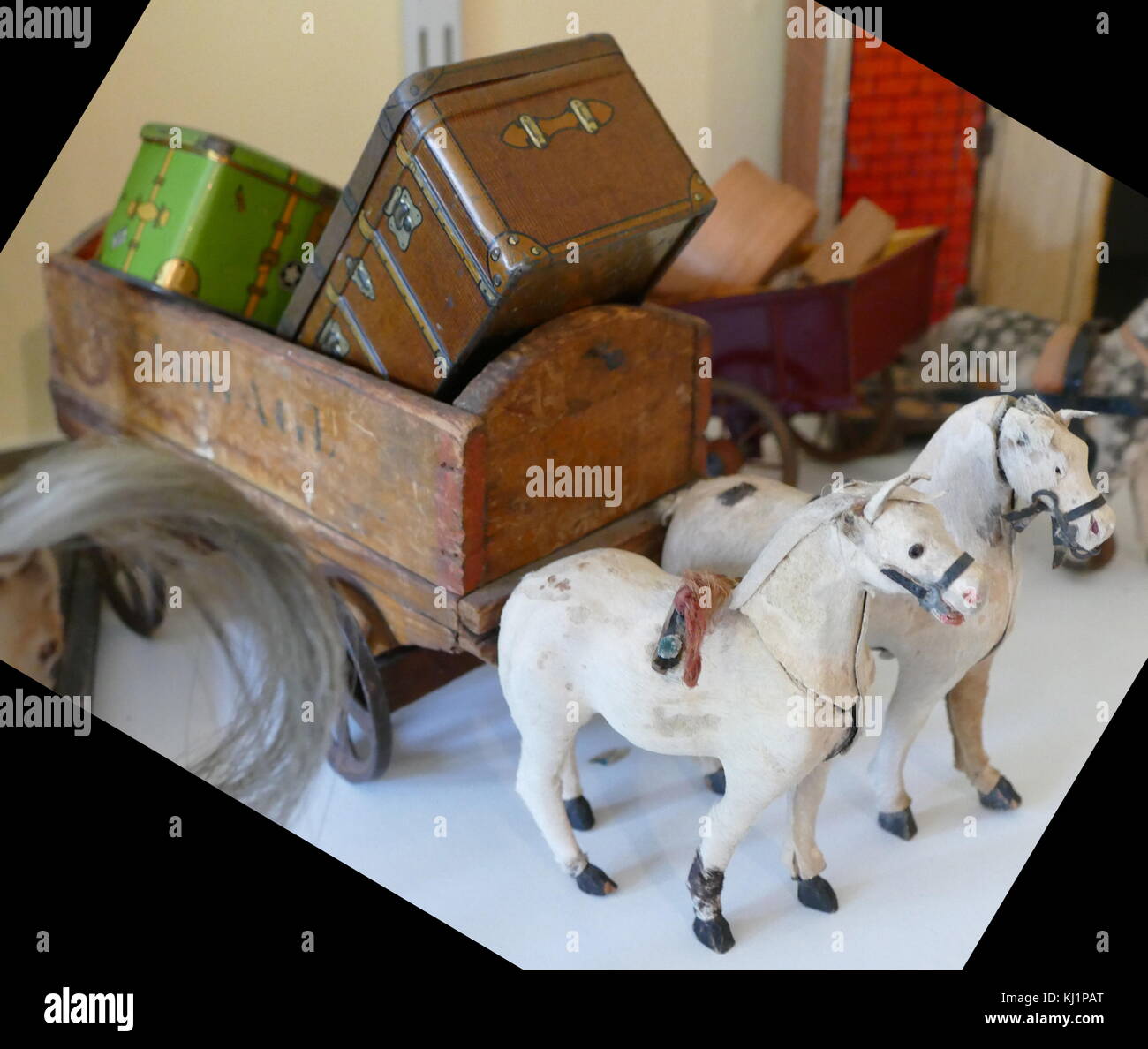 19th century German model of a wooden luggage cart with horses. German