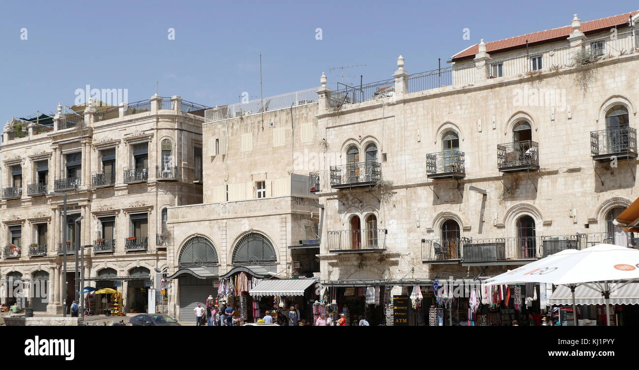Ottoman Turkish architecture of buildings at the Jaffa Gate entrance to the old city of Jerusalem, Israel Stock Photo