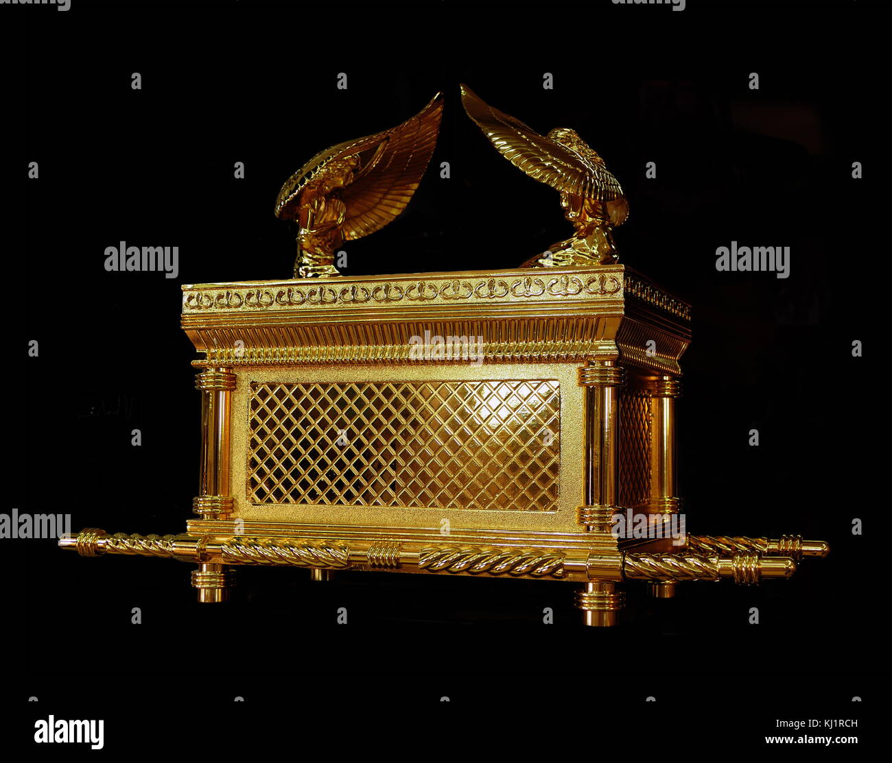 Replica of the Ark of the Covenant, a gold-covered wooden chest described in the Book of Exodus as containing the two stone tablets of the Ten Commandments. According to various texts within the Hebrew Bible, it also contained Aaron's rod and a pot of manna Stock Photo