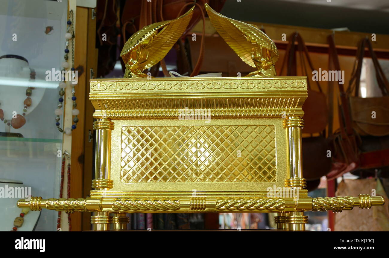 Replica of the Ark of the Covenant, a gold-covered wooden chest described in the Book of Exodus as containing the two stone tablets of the Ten Commandments. According to various texts within the Hebrew Bible, it also contained Aaron's rod and a pot of manna Stock Photo