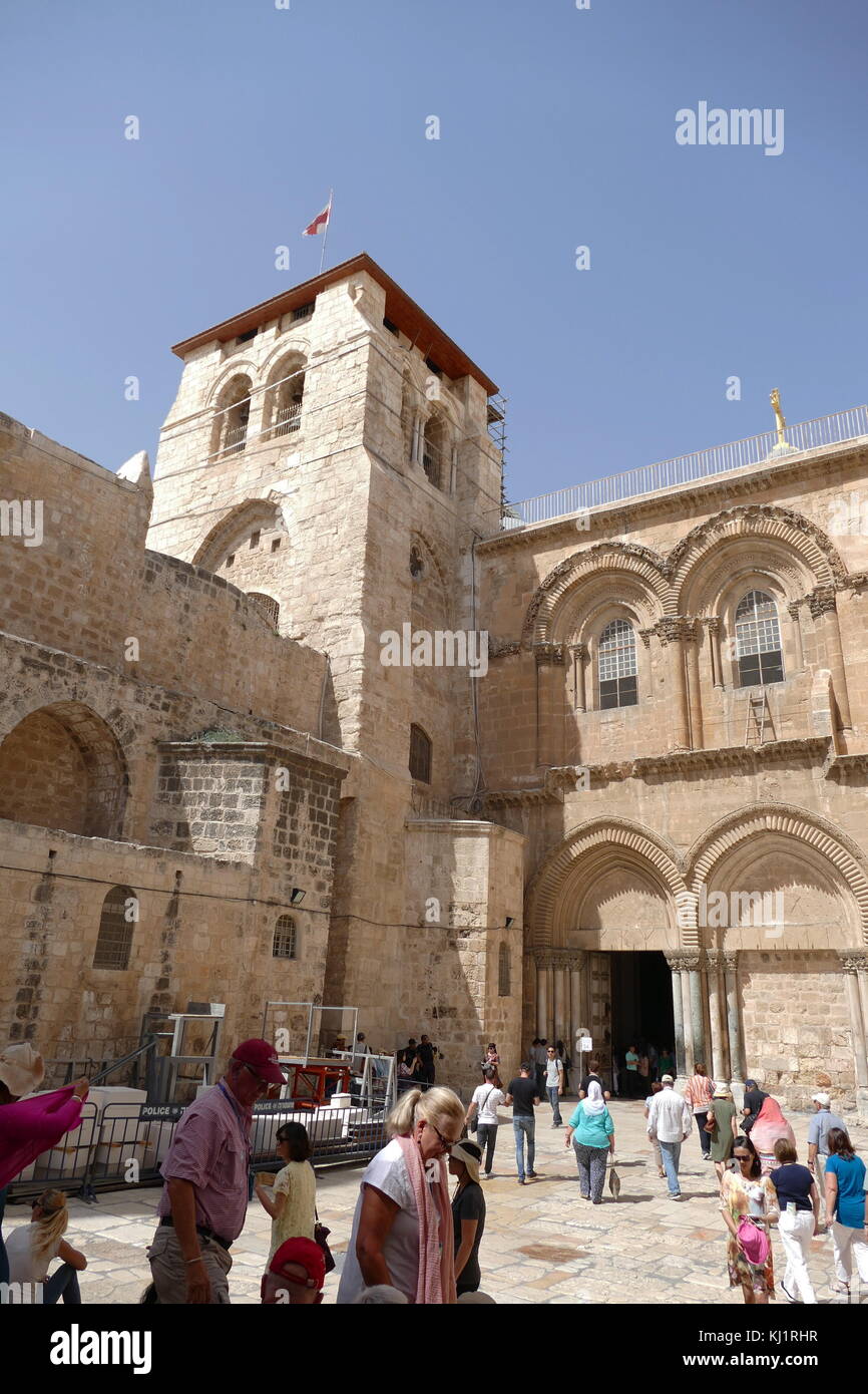 Church of the Holy Sepulchre, Jerusalem. For Orthodox Christians this church in the Christian Quarter of the Old City of Jerusalem, contains, according to traditions, the two holiest sites in Christianity: the site where Jesus of Nazareth was presented in the temple, where he drove out the money changers and was crucified. Within the church are the headquarters of the Greek Orthodox Patriarch of Jerusalem. Stock Photo