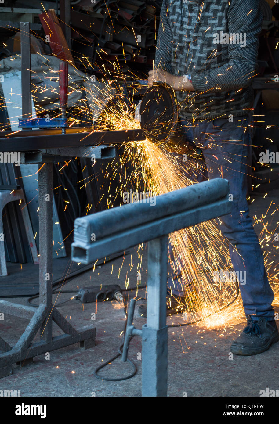 Cutting Metal By Electrical Circular Saw Stock Photo Alamy