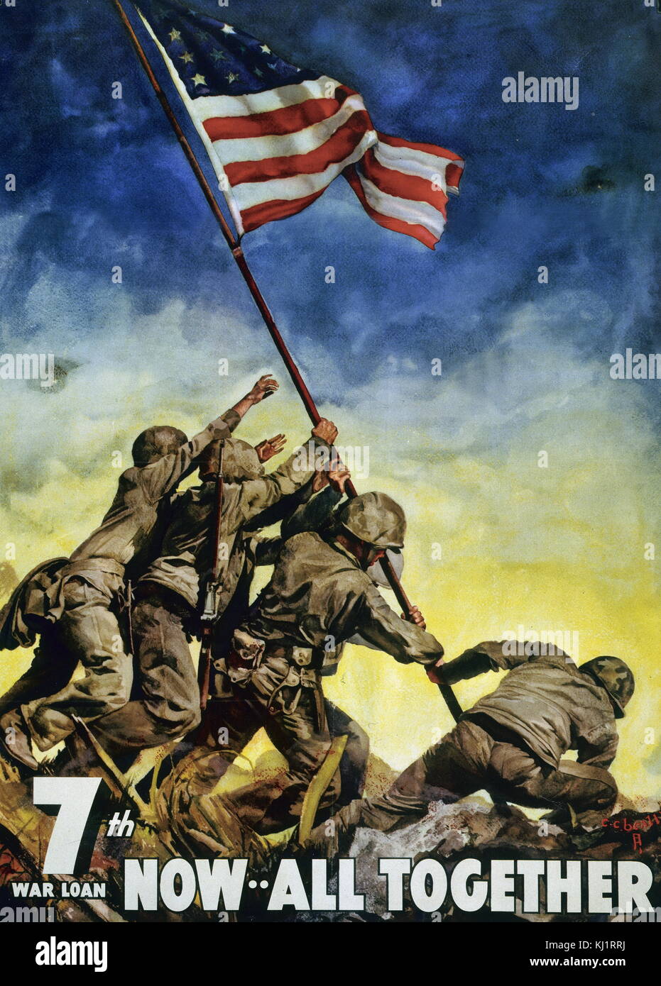 World War Two commemorative propaganda poster, showing U.S. Marines raising flag at Iwo Jima, during the advance on Japan in the Pacific war. Stock Photo