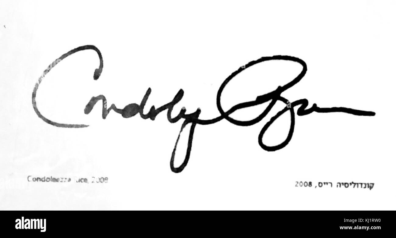 Signature of Condoleezza 'Condi' Rice (born November 14, 1954) American political scientist and diplomat. She served as the 66th United States Secretary of State. The signature appears in the entrance lobby of the King David Hotel, Jerusalem Israel Stock Photo