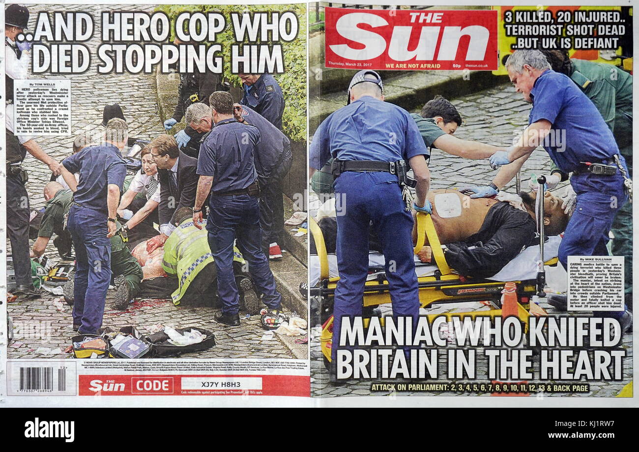 front and back page headline for the Sun Newspaper, after the 22 March 2017, terrorist attack, on Westminster Bridge, and Parliament, in central London. The attacker drove a vehicle into pedestrians on Westminster Bridge and a crowd of people near the palace gates, then fatally stabbed a police officer Stock Photo