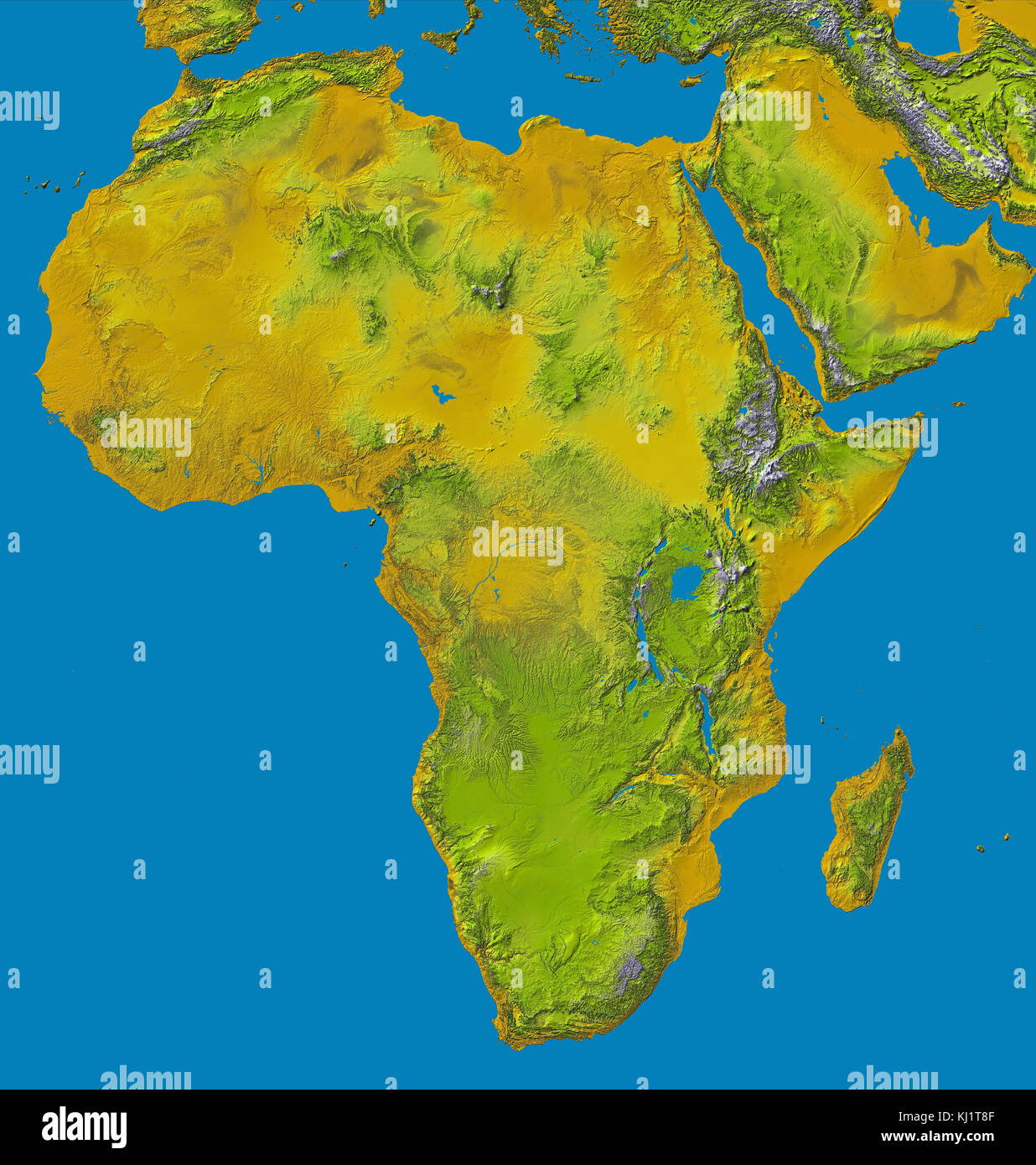 relief image of Africa by the Shuttle Radar Topography Mission (SRTM). This release in 2000, includes data for all of the continent, plus the island of Madagascar and the Arabian Peninsula. The central latitudes of Africa is dominated by the Great Rift Valley, extending from Lake Nyasa to the Red Sea. To the west lies the Congo Basin. Most of the southern part of the continent rests on a concave plateau comprising the Kalahari basin. color-coding is directly related to topographic height, with brown and yellow at the lower elevations, rising through green, to white at the highest elevations. B Stock Photo
