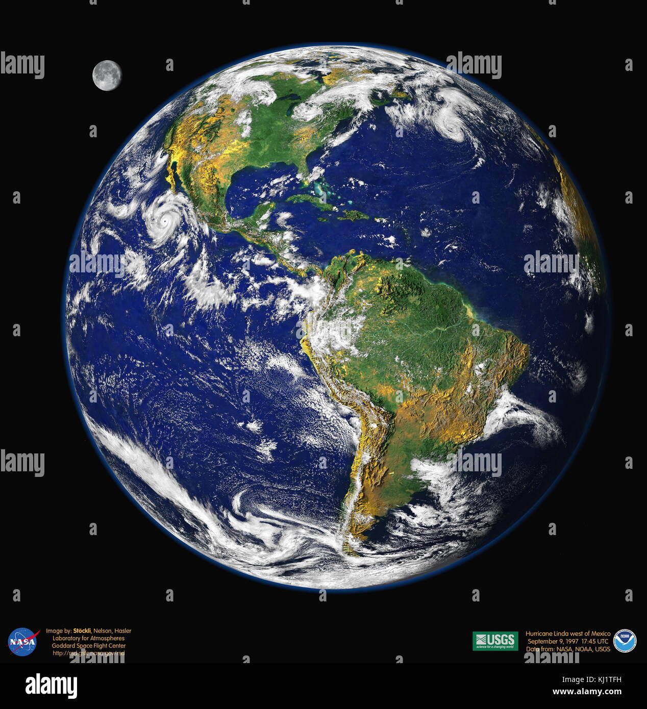 A composite image of the Western hemisphere of the Earth    Credit:  Image created by Reto Stockli with the help of Alan Nelson, under the leadership of Fritz Hasler 1997 Stock Photo