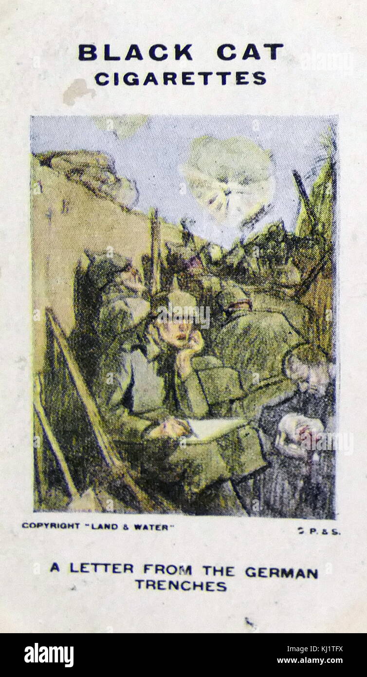 Black Cat Cigarettes, World war One, propaganda card showing: From Liege to Aix-la-Chappelle. Satirical cartoon depicting a train carrying German dead back to Germany from Belgium. Illustration for The Great War A Neutral's Indictment. Dated 20th Century Stock Photo