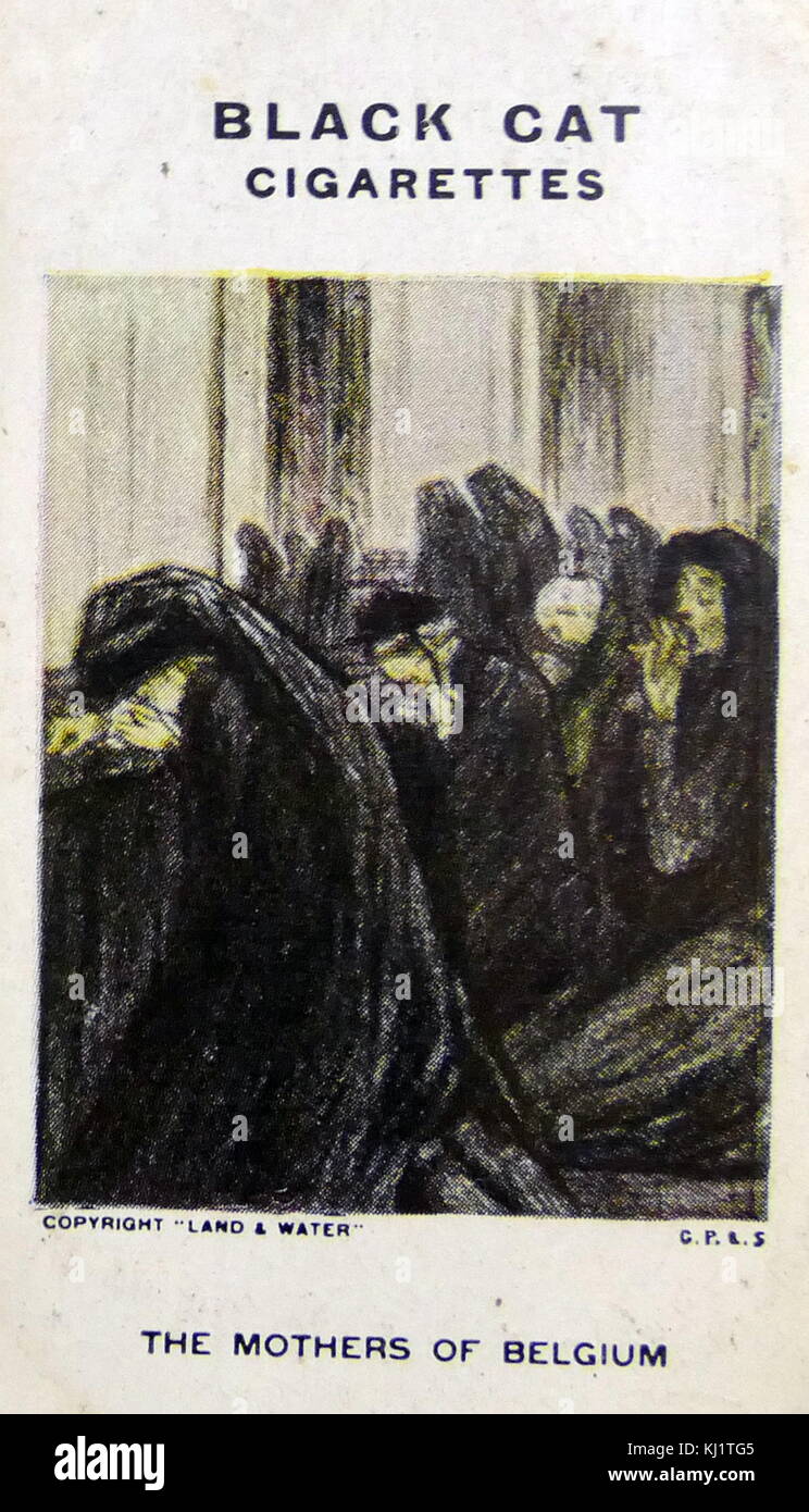 Black Cat Cigarettes, World war One, propaganda card showing: The Mothers of Belgium. Grieving Belgian women mourning their sons killed in the war. Illustration for The Great War A Neutral's Indictment. Dated 20th Century Stock Photo