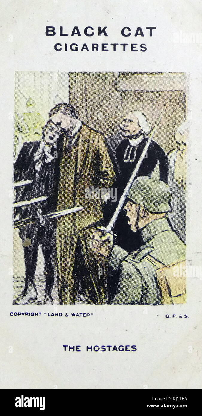 Black Cat Cigarettes card depicting the 'Hostages' by Louis Raemaekers (1869-1956) a Dutch painter and editorial cartoonist. Depicted is the execution of the Mayor of Aerschot, Belgium, together with his son and brother, by the invading Germans, 20 August 1914. Dated 20th Century Stock Photo