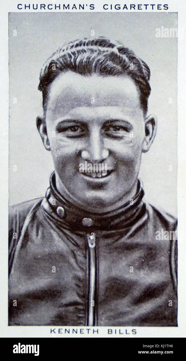 Churchman Kings of Speed Series cigarette card depicting Kenneth Bills, a British Motorcycle champion. Dated 20th Century Stock Photo