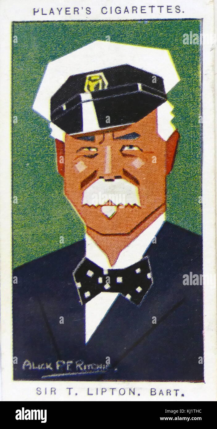 Player's cigarette card depicting Sir Thomas Johnstone Lipton, 1st Baronet, (1848 – 1931) Ulster-Scots self-made man, merchant, and yachtsman. He engaged in extensive advertising for his chain of grocery stores and his brand of Lipton teas. Dated 20th Century Stock Photo