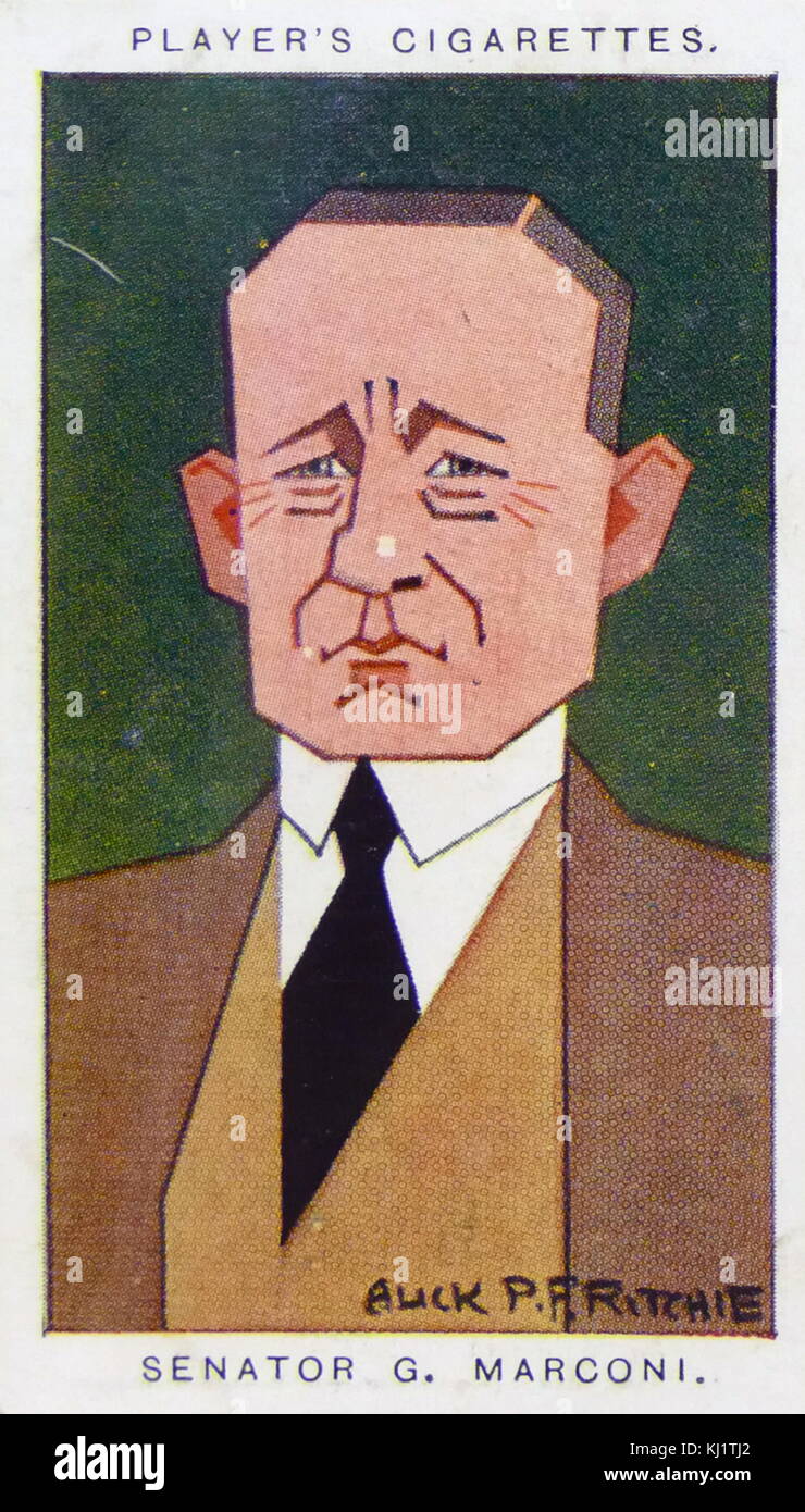Player's cigarette card depicting Guglielmo Marconi (1874 – 1937) an Italian inventor and electrical engineer known for his pioneering work on long-distance radio transmission and for his development of Marconi's law and a radio telegraph system. Dated 20th Century Stock Photo