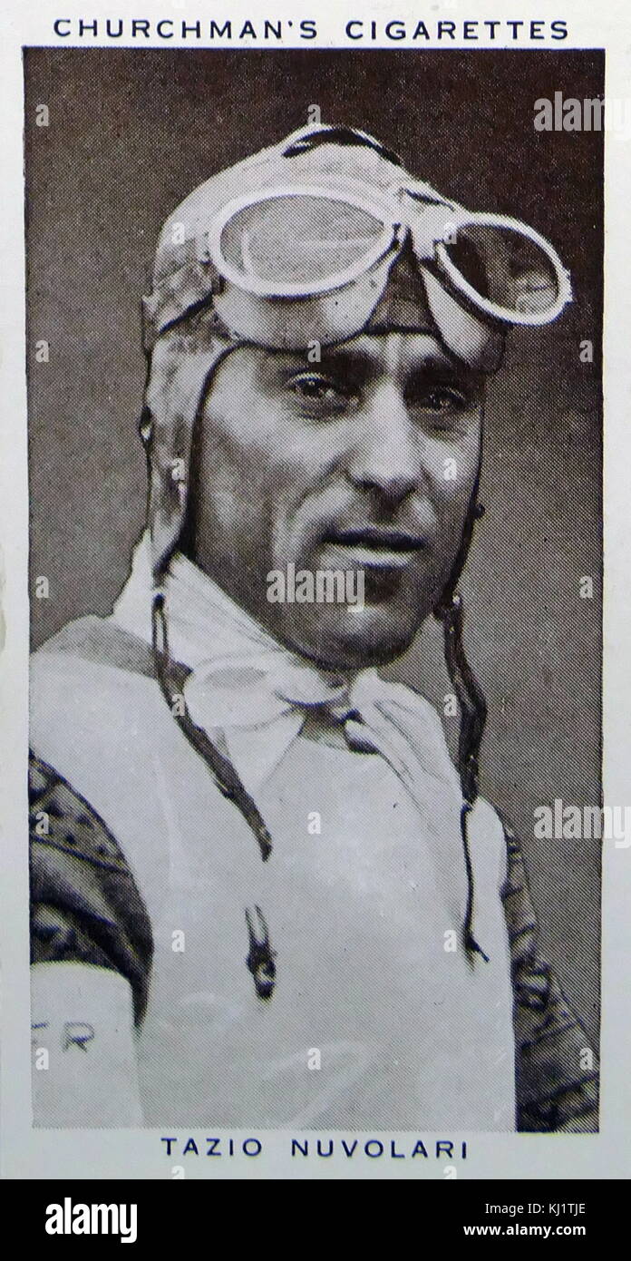 Churchman Kings of Speed Series cigarette card depicting Tazio Nuvolari (1892-1953) an Italian racing driver. First he raced motorcycles and then he concentrated on sports cars and single-seaters. Resident in Mantua, he was known as 'Il Mantovano Volante'. Dated 20th Century Stock Photo