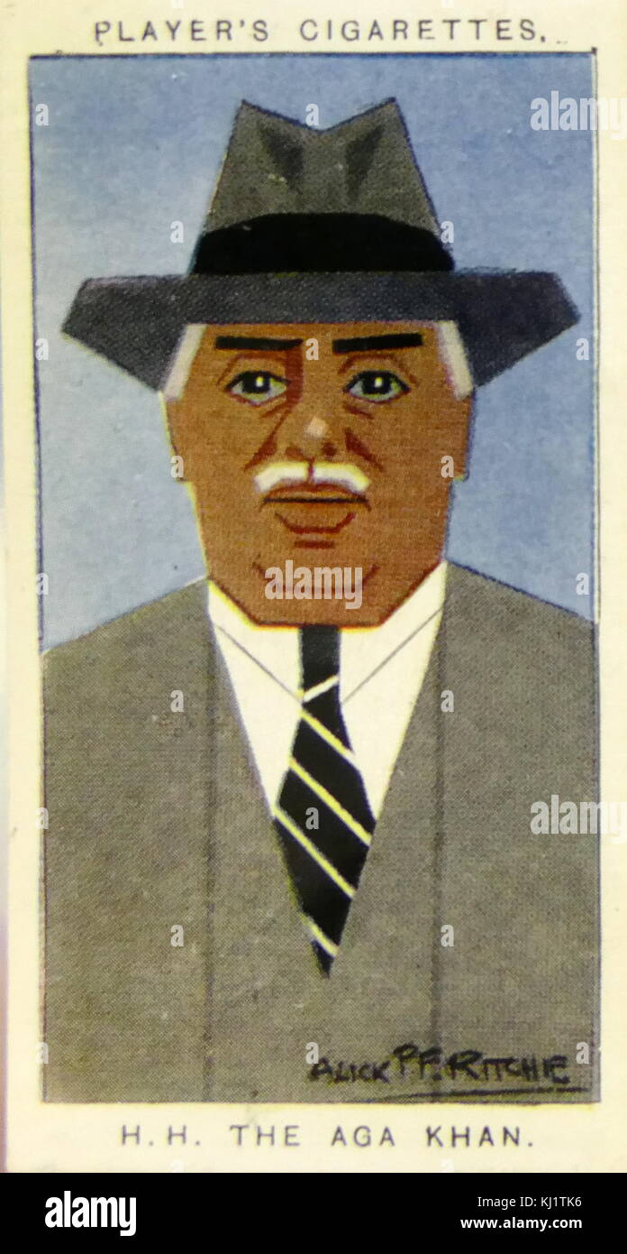 Player's cigarette card depicting Sir Sultan Muhammed Shah, Aga Khan III (1877 – 1957) 48th Imam of the Nizari Ismaili community. He was one of the founders and the first president of the All-India Muslim League. His goal was the advancement of Muslim agendas and protection of Muslim rights in India. Dated 20th Century Stock Photo