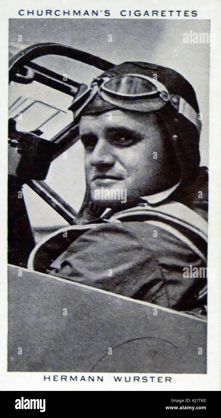 Churchman Kings of Speed Series cigarette card depicting Hermann Wurster, German pilot and aeronautical engineer. 1939. Dated 20th Century Stock Photo