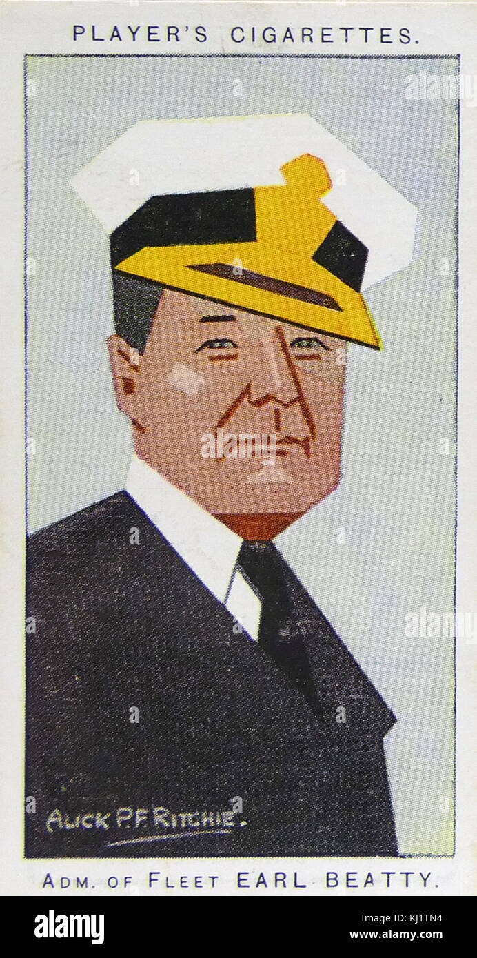 Player's cigarette card depicting Admiral of the Fleet David Richard Beatty (1871 – 1936) Royal Navy officer. After serving in the Mahdist War and then the response to the Boxer Rebellion, he commanded the 1st Battlecruiser Squadron at the Battle of Jutland in 1916 Stock Photo