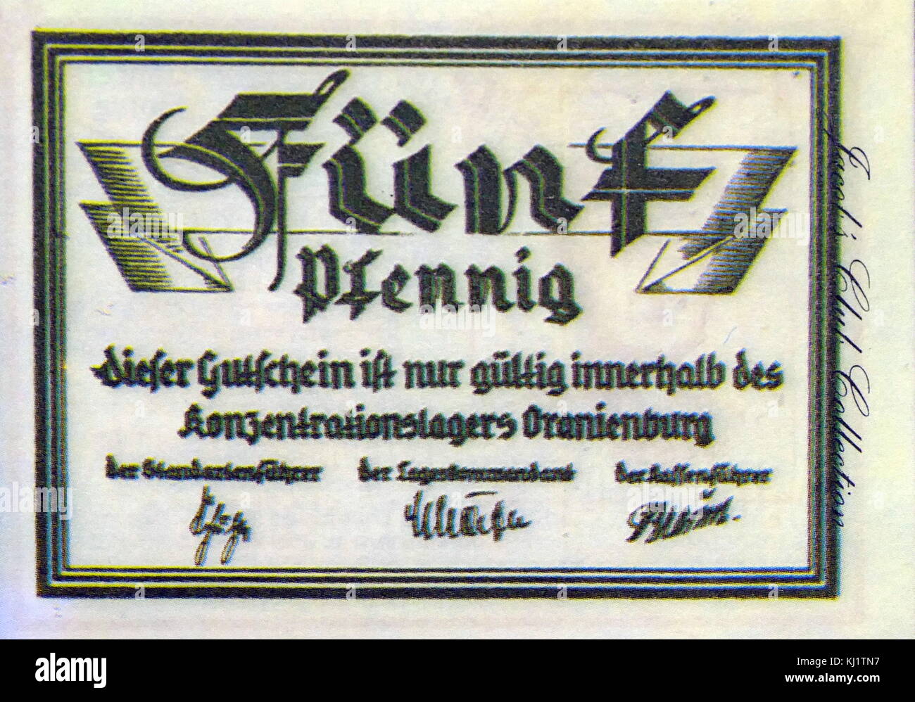 Oranienburg Concentration Camp 5 pfennig banknote. At this camp the Germans assembled all the skilled forgers from the prisons of Europe to forge British notes Stock Photo