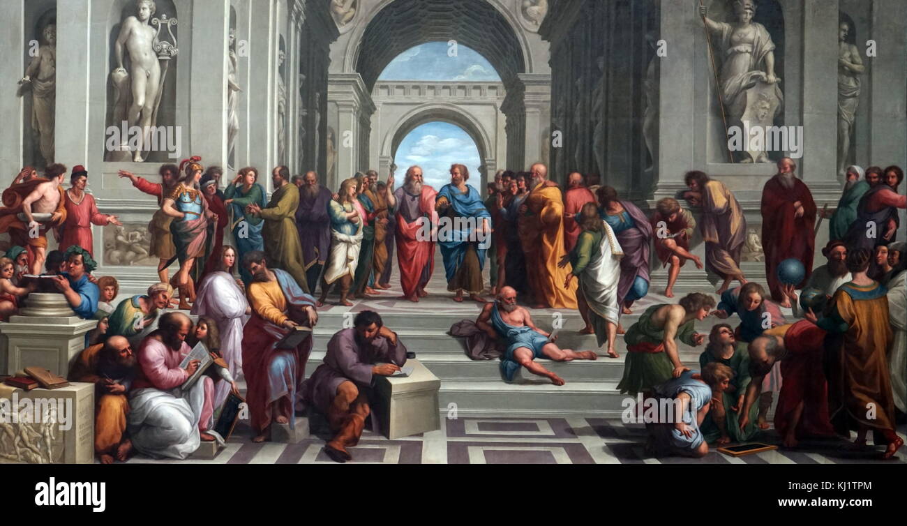 Fresco titled 'The School of Athens' by Raphael (1483-1520) an Italian painter and architect of the High Renaissance. Dated 16th Century Stock Photo