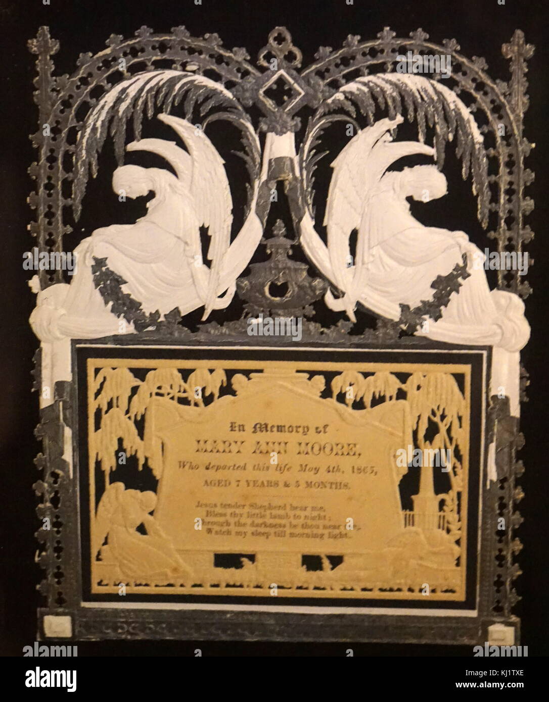 A framed decorative mourning card for a young girl who died due to an outbreak of cholera in Victorian England. Dated 19th Century Stock Photo