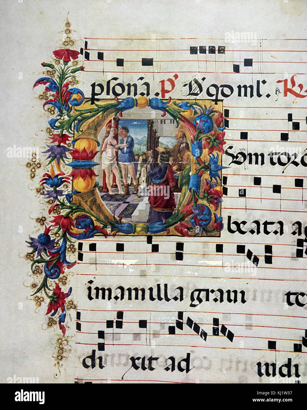 Illuminated initial with the Martyrdom of St. Agatha. Dated Stock Photo
