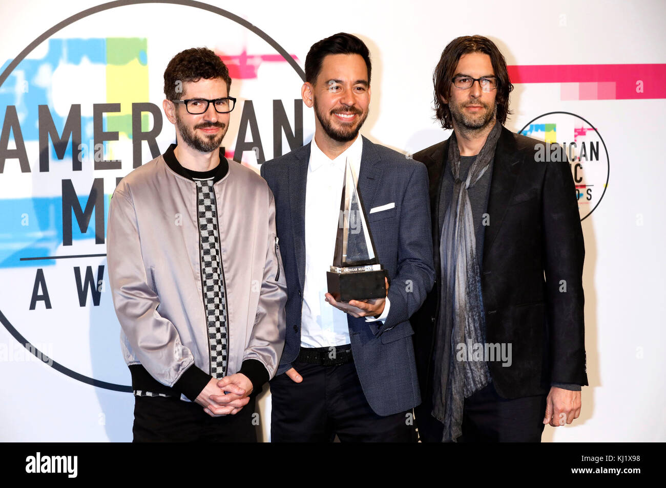 Brad Delson, Mike Shinoda and Rob Bourdon (Linkin Park) attend the 2017 American Music Awards at Microsoft Theater on November 19, 2017 in Los Angeles, California. Stock Photo