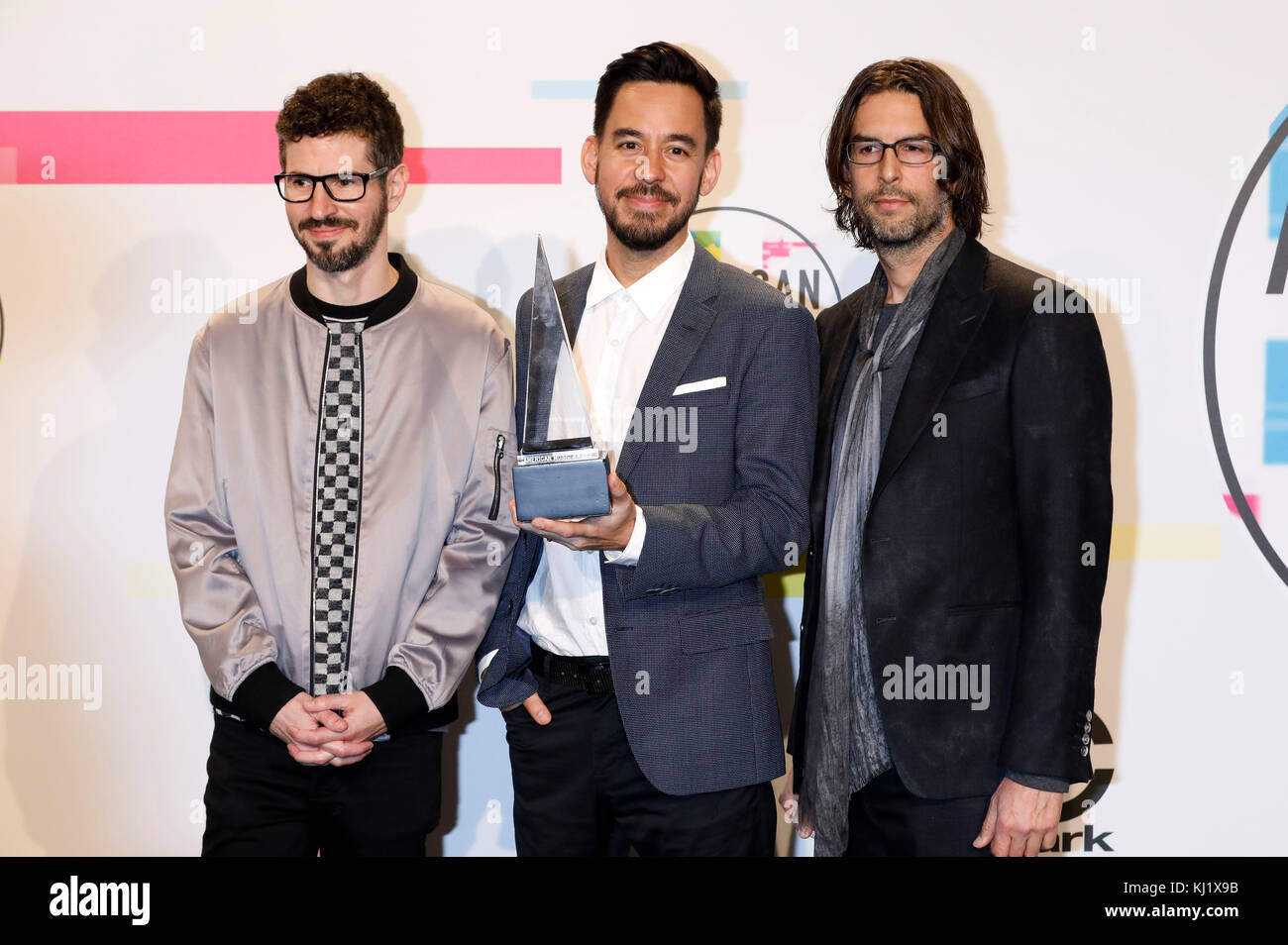 Brad Delson, Mike Shinoda and Rob Bourdon (Linkin Park) attend the 2017 American Music Awards at Microsoft Theater on November 19, 2017 in Los Angeles, California. Stock Photo