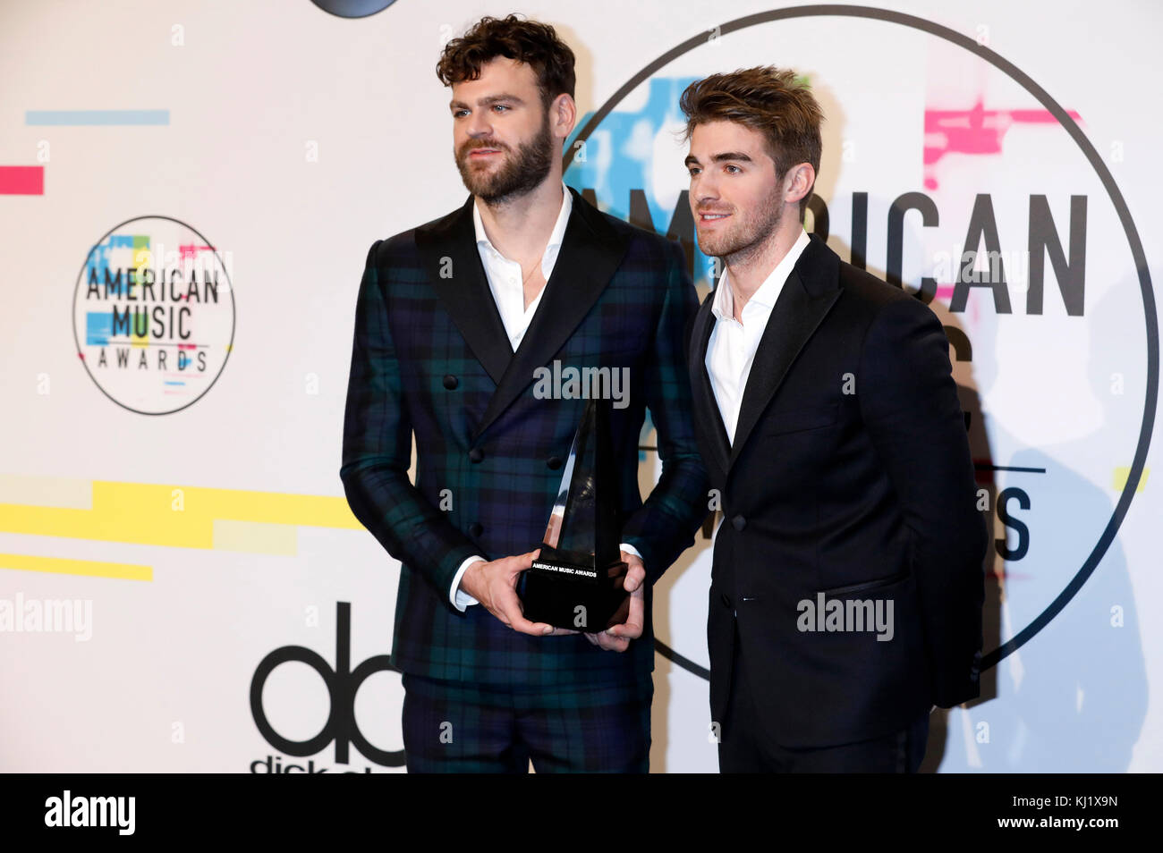 Alex Pall and Andrew Taggart (The Chainsmokers) attend the 2017 American Music Awards at Microsoft Theater on November 19, 2017 in Los Angeles, California. Stock Photo