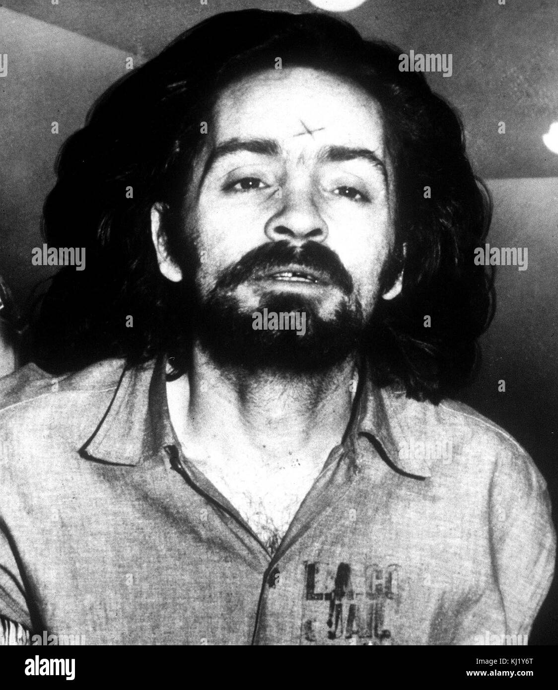CHARLES MANSON (born Charles Milles Maddox, November 12, 1934 - November 19, 2017) was an American criminal and cult leader who formed what became known as the Manson Family, a quasi-commune in California in the late 1960s. Manson's followers committed a series of nine murders at four locations in July and August 1969. In 1971 he was found guilty of first-degree murder and conspiracy to commit murder for the deaths of seven people, including the actress Sharon Tate, all of which were carried out at his instruction by members of the group. Manson was also convicted of first-degree murder for tw Stock Photo