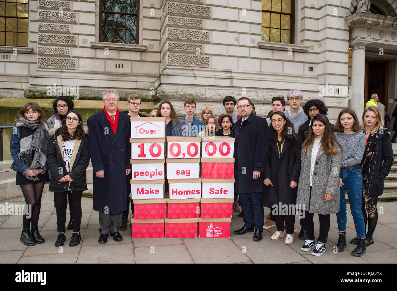 London, United Kingdom. 21st November 2017.Peter Dowd MP, Labour's Shadow Chief Secretary to the Treasury and Andrew Gwynne MP, Labour’s Shadow Secretary of State for Communities and Local Government deliver Labour’s ‘Make Homes Safe’ Petition to the Treasury. Credit: Peter Manning/Alamy Live News Stock Photo